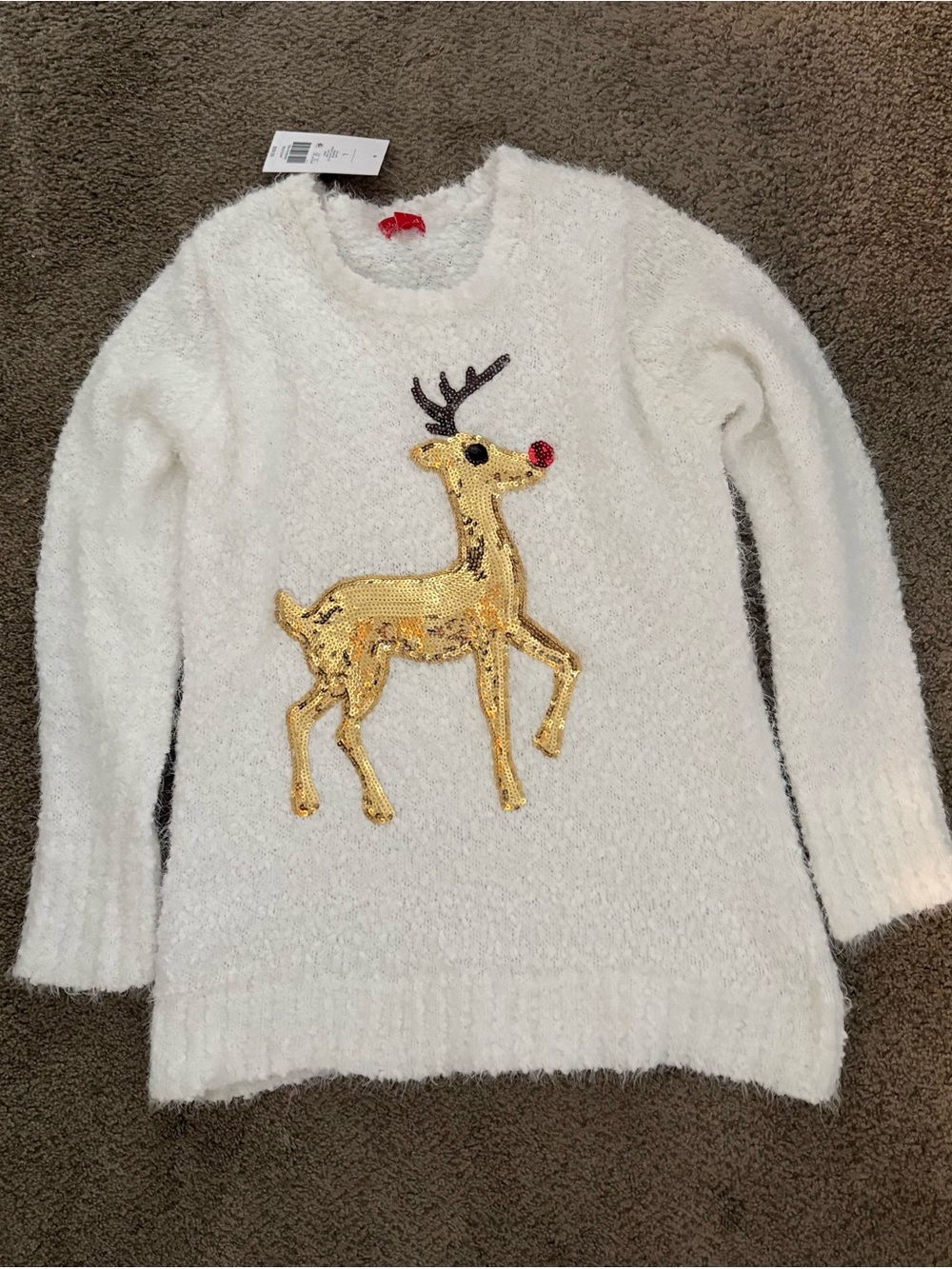 White Fuzzy Crew Neck Sweater with Gold Sequin Reindeer